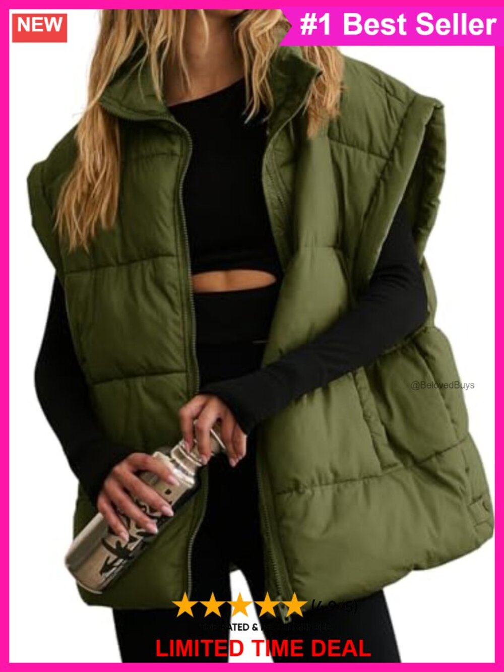 Oversized Quilted Puffer Vest Stand Collar Sleeveless Winter